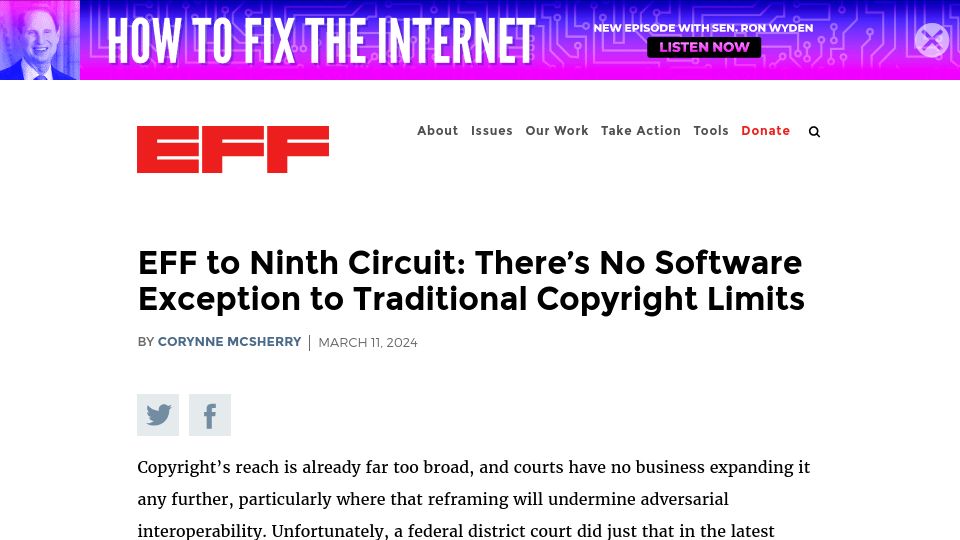 Screenshot of eff.org: EFF to Ninth Circuit: No Software Exception to Traditional Copyright Limits