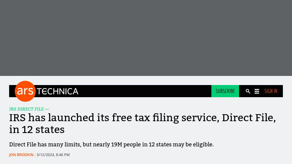 Screenshot of arstechnica.com: IRS has launched its free tax filing service, Direct File, in 12 states