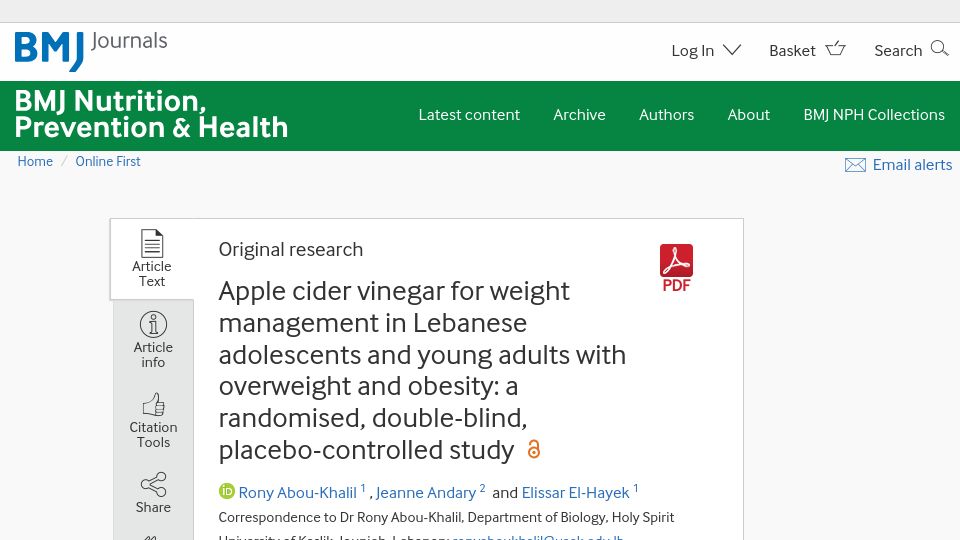 Screenshot of nutrition.bmj.com: Apple cider vinegar for weight management