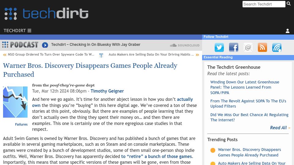 Screenshot of techdirt.com: Warner Bros. Discovery Disappears Games People Already Purchased