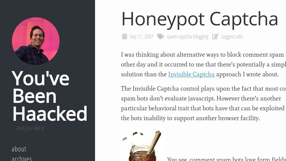 Screenshot of haacked.com: Honeypot Captcha (2007)