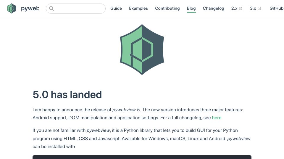 Screenshot of pywebview.flowrl.com: Show HN: Pywebview 5