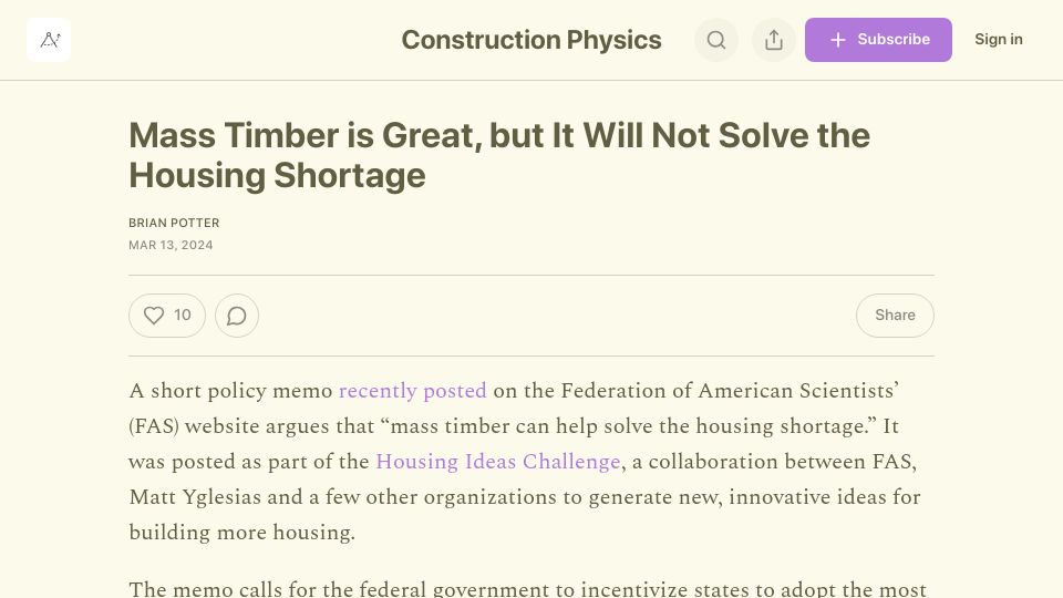 Screenshot of construction-physics.com: Mass timber is great, but it will not solve the housing shortage