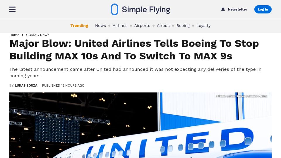 Screenshot of simpleflying.com: United Airlines tells Boeing to stop building Max 10s and to switch to max 9s