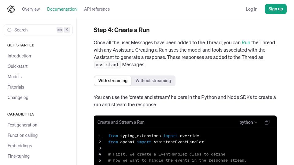 Screenshot of platform.openai.com: OpenAI: Streaming is now available in the Assistants API