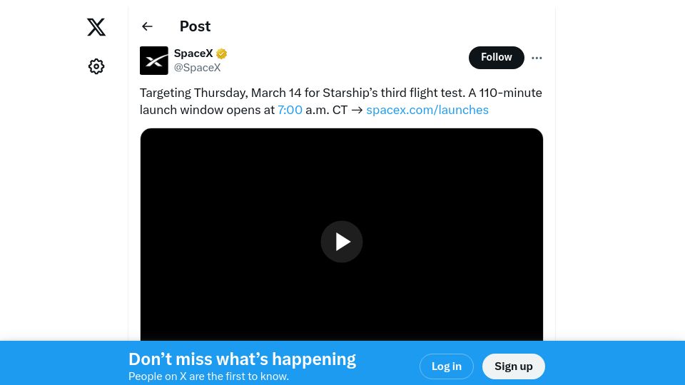 Screenshot of twitter.com: March 14, 7:00 a.m. CT: Starship's third flight test
