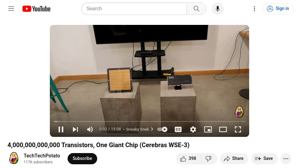 Screenshot of youtube.com: 4T transistors, one giant chip (Cerebras WSE-3) [video]