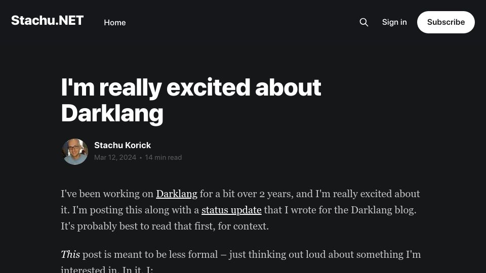 Screenshot of stachu.net: I'm excited about Darklang