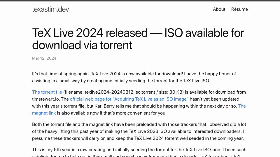 Screenshot of texastim.dev: TeX Live 2024 released – ISO available for download via torrent file and magnet