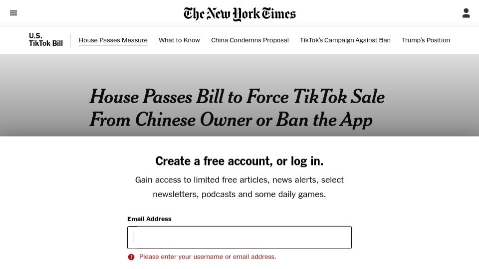 Screenshot of nytimes.com: House passes bill to force TikTok sale from Chinese owner or ban the app