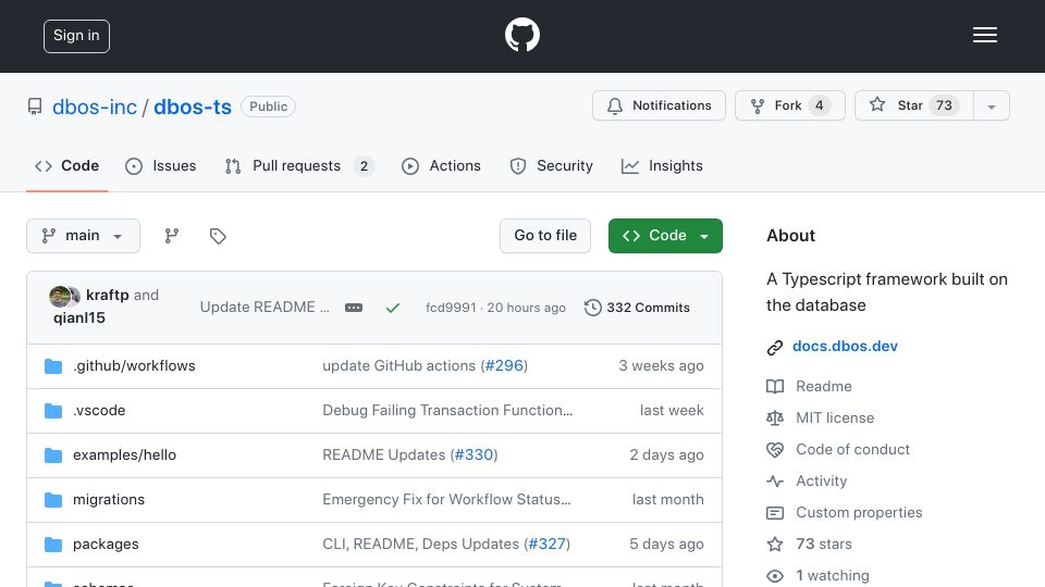 Screenshot of github.com: Show HN: DBOS – Transactional Serverless for TypeScript Apps