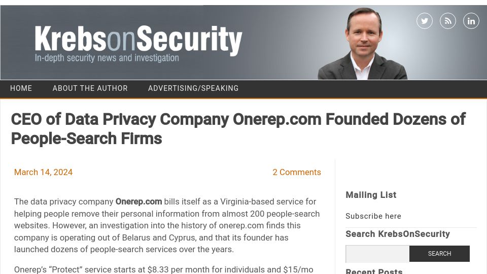 Screenshot of krebsonsecurity.com: CEO of data privacy company Onerep.com founded dozens of people-search firms