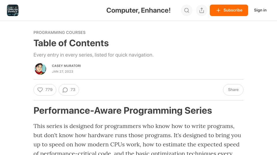 Screenshot of computerenhance.com: Performance-Aware Programming Series