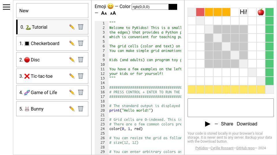 Screenshot of pykidos.github.io: Show HN: PyKidos, Teach Your Kid Python in the Browser