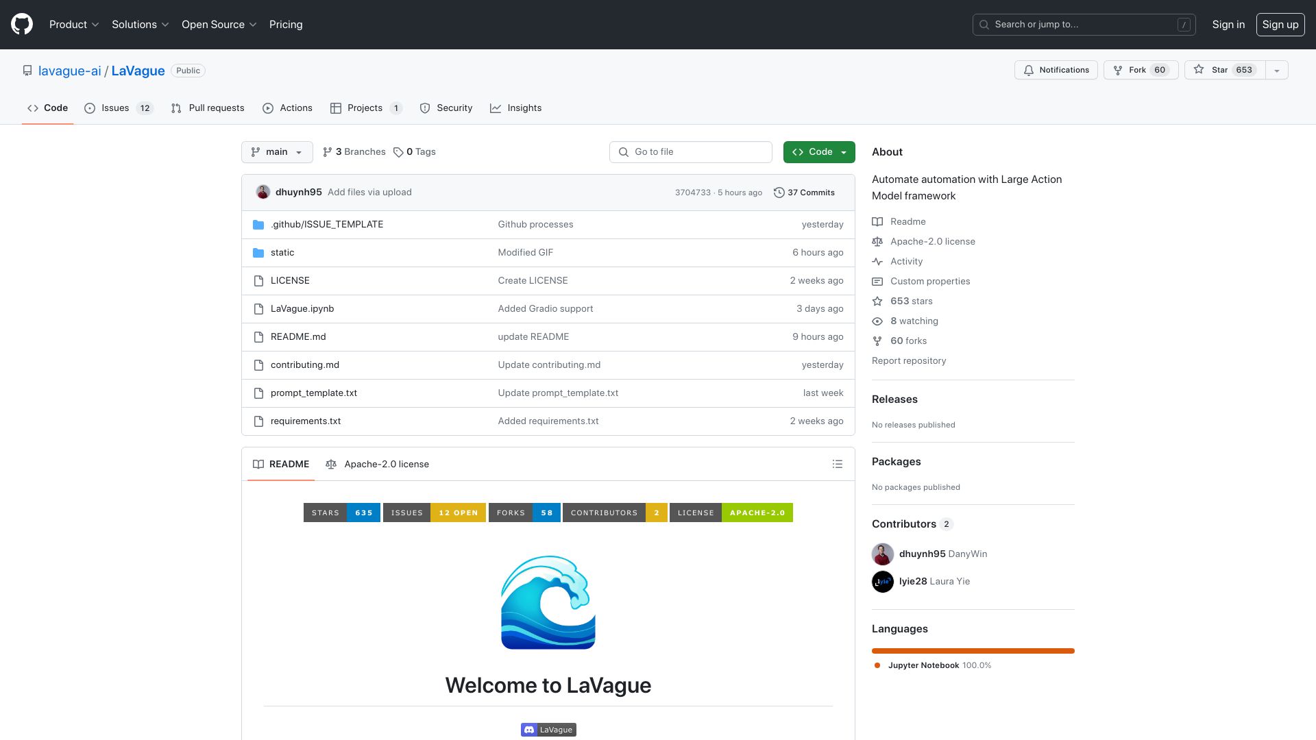 Screenshot of github.com: LaVague: Open-source Large Action Model to automate Selenium browsing