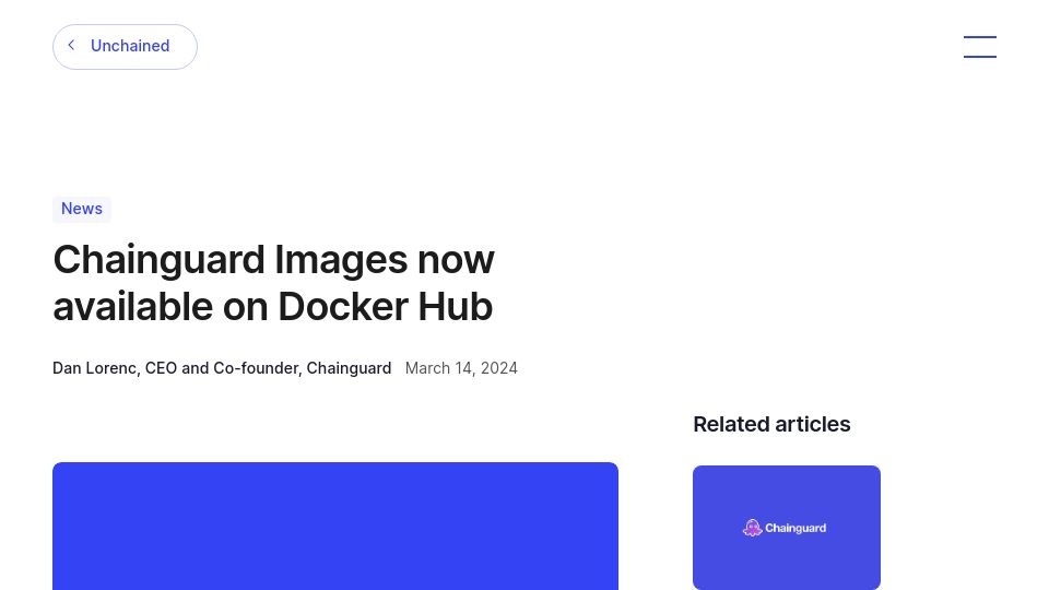 Screenshot of chainguard.dev: Chainguard Images now available on Docker Hub
