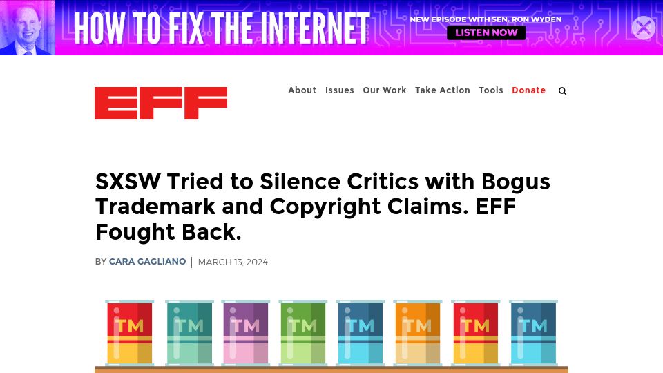 Screenshot of eff.org: SXSW Tried to Silence Critics with Bogus Trademark and Copyright Claims