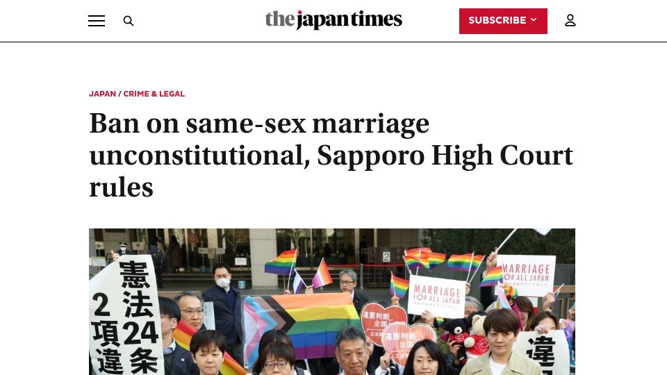 Screenshot of japantimes.co.jp: Ban on same-sex marriage unconstitutional, Sapporo High Court rules