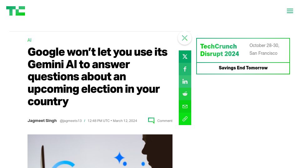 Screenshot of techcrunch.com: Google prevents Gemini AI from answering questions about upcoming elections