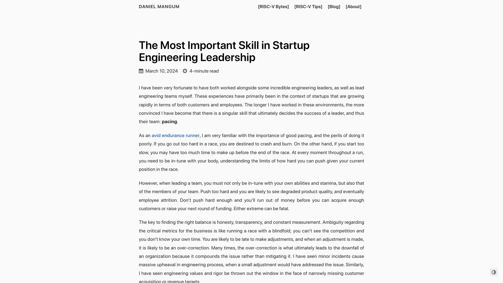 Screenshot of danielmangum.com: Pacing: the most important skill in startup engineering leadership