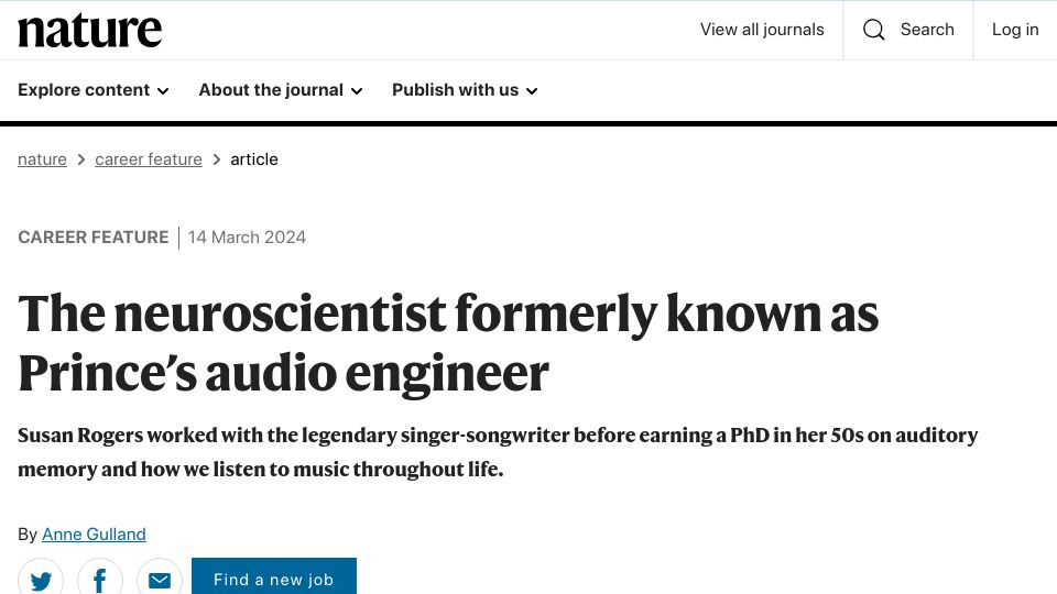 Screenshot of nature.com: The neuroscientist formerly known as Prince's audio engineer