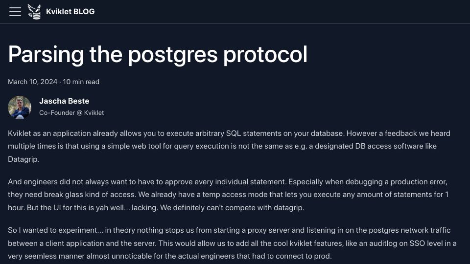 Screenshot of kviklet.dev: Parsing the Postgres protocol – logging executed statements