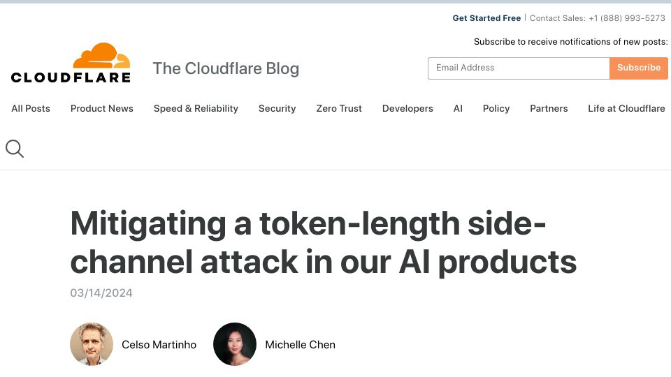 Screenshot of blog.cloudflare.com: Cloudflare mitigates AI side channel attack