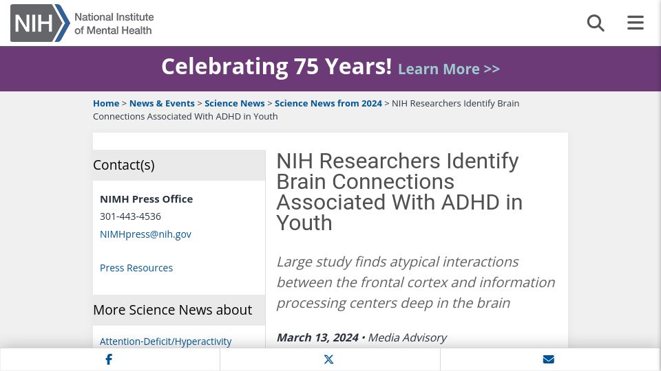 Screenshot of nimh.nih.gov: NIH Researchers Identify Brain Connections Associated with ADHD in Youth