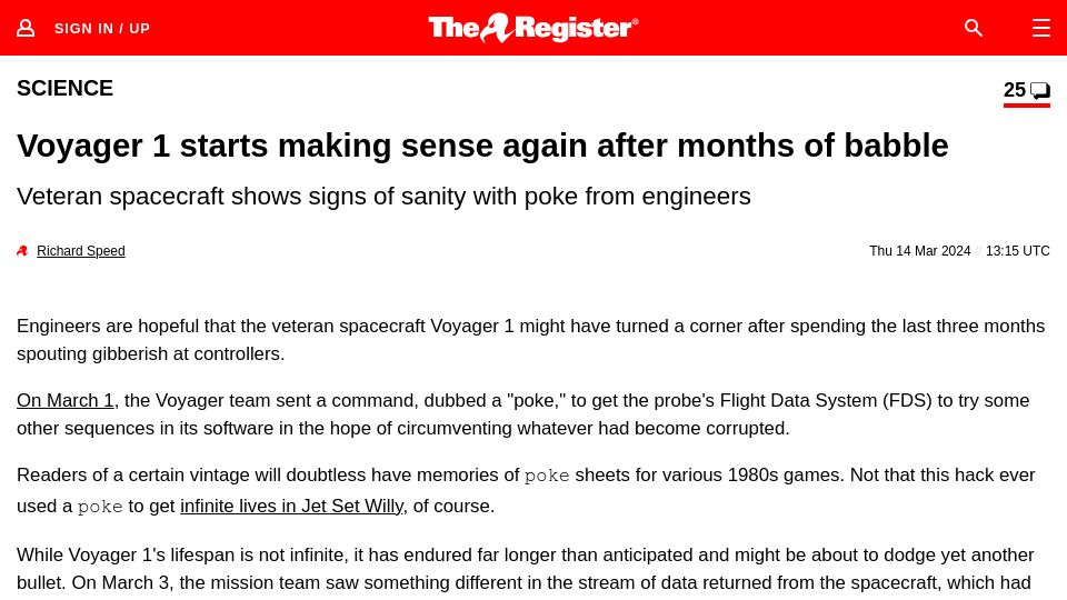 Screenshot of theregister.com: NASA engineers make progress toward understanding Voyager 1 issue