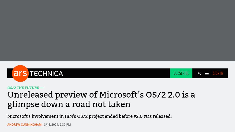 Screenshot of arstechnica.com: Unreleased preview of Microsoft's OS/2 2.0 is a glimpse down a road not taken