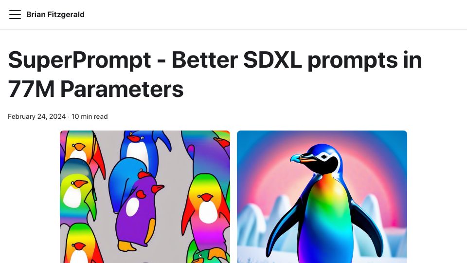 Screenshot of brianfitzgerald.xyz: SuperPrompt: Better Text to Image Prompts in 77M Parameters