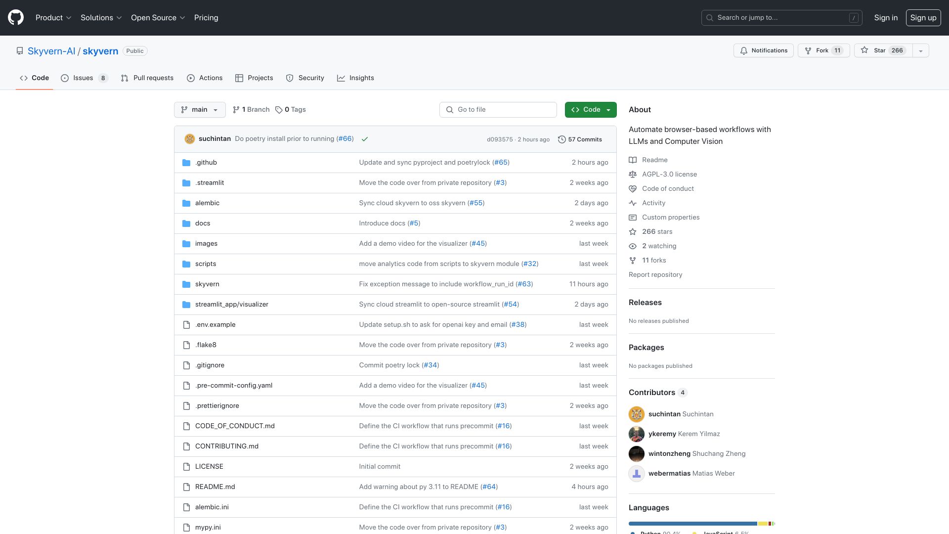 Screenshot of github.com: Show HN: Skyvern – Browser automation using LLMs and computer vision