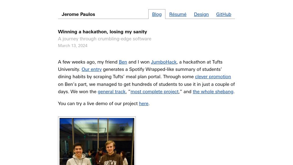 Screenshot of jero.zone: Winning a hackathon, losing my sanity