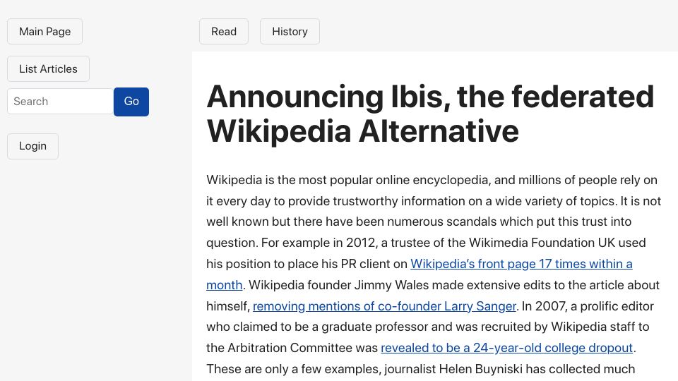 Screenshot of ibis.wiki: Ibis, a federated Wikipedia alternative
