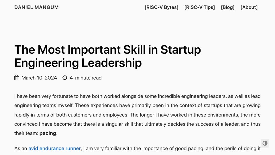 Screenshot of danielmangum.com: Pacing: the most important skill in startup engineering leadership