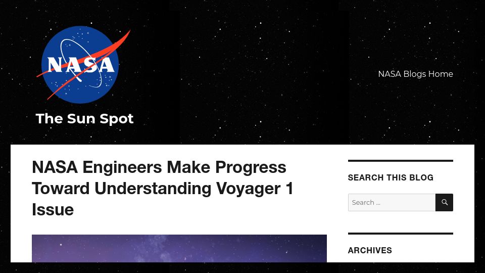 Screenshot of blogs.nasa.gov: NASA Engineers Make Progress Toward Understanding Voyager 1 Issue