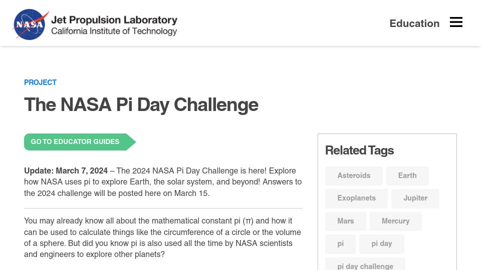 Screenshot of jpl.nasa.gov: The NASA Pi Day Challenge