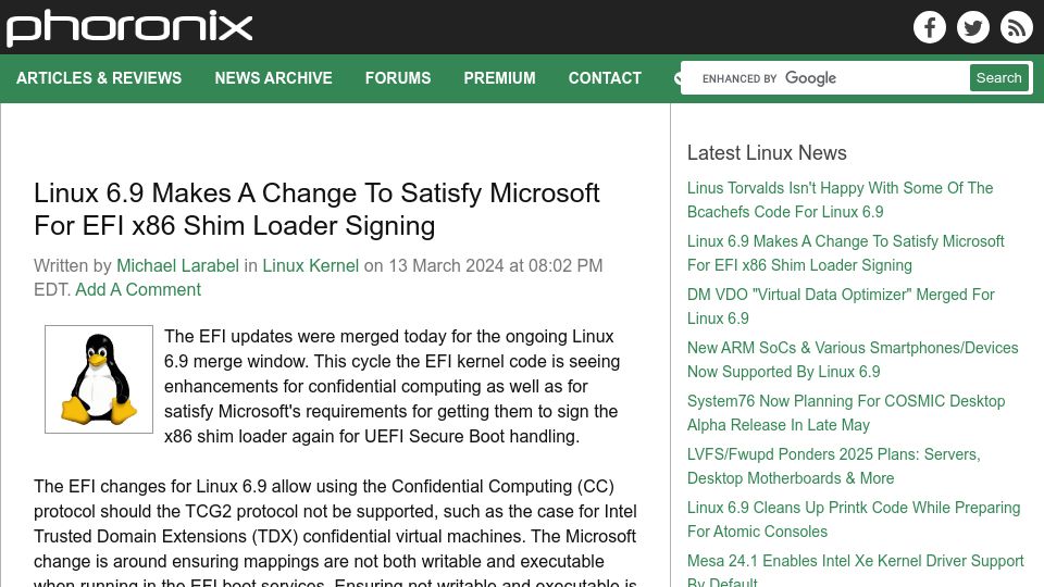Screenshot of phoronix.com: Linux 6.9 Makes a Change to Satisfy Microsoft for EFI x86 Shim Loader Signing