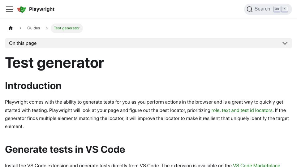 Screenshot of playwright.dev: Playwright Test Generator
