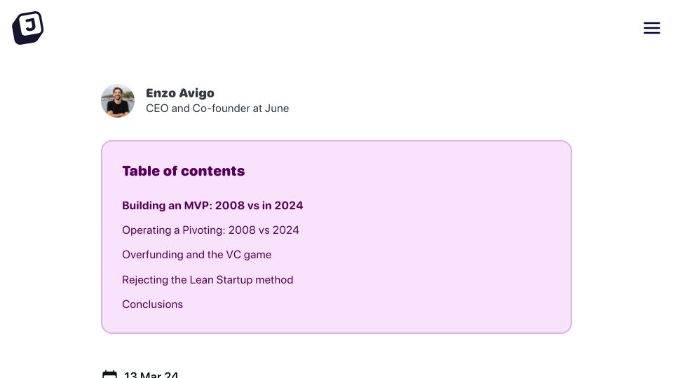 Screenshot of june.so: Following the Lean Startup Method