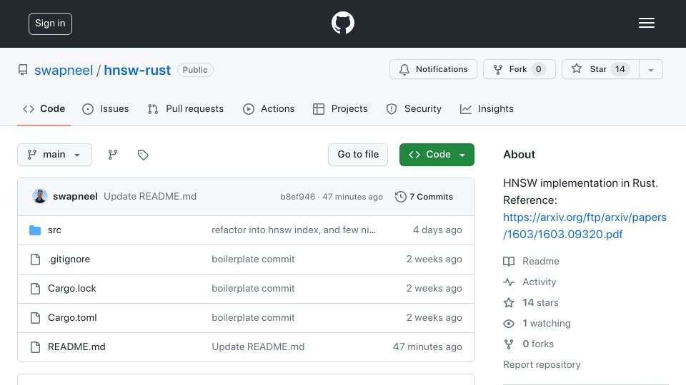 Screenshot of github.com: Show HN: A fast HNSW implementation in Rust