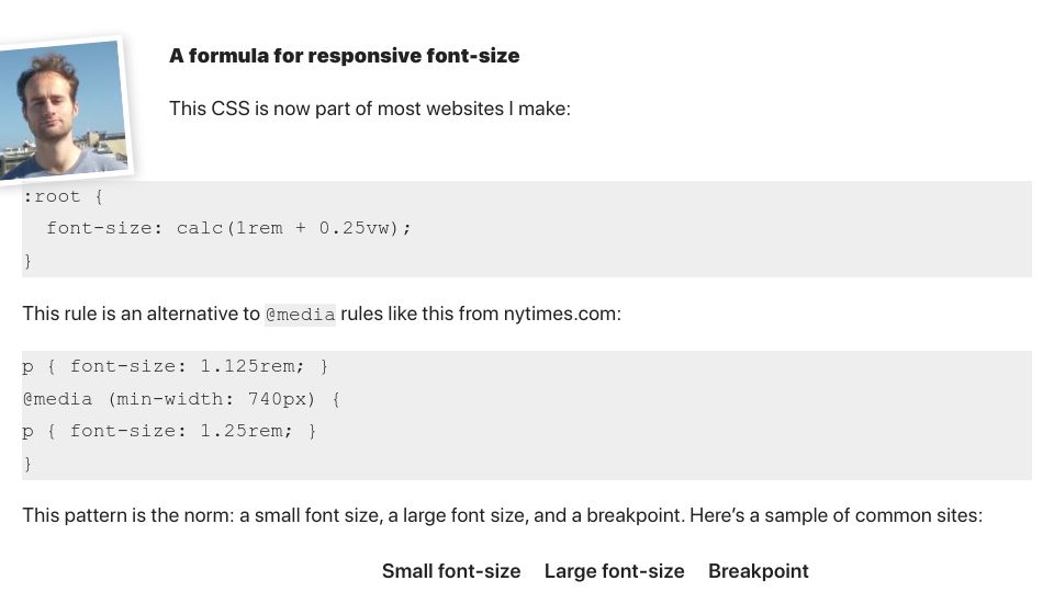 Screenshot of jameshfisher.com: A formula for responsive font-size