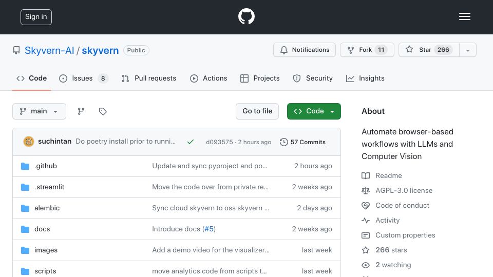 Screenshot of github.com: Show HN: Skyvern – Browser automation using LLMs and computer vision
