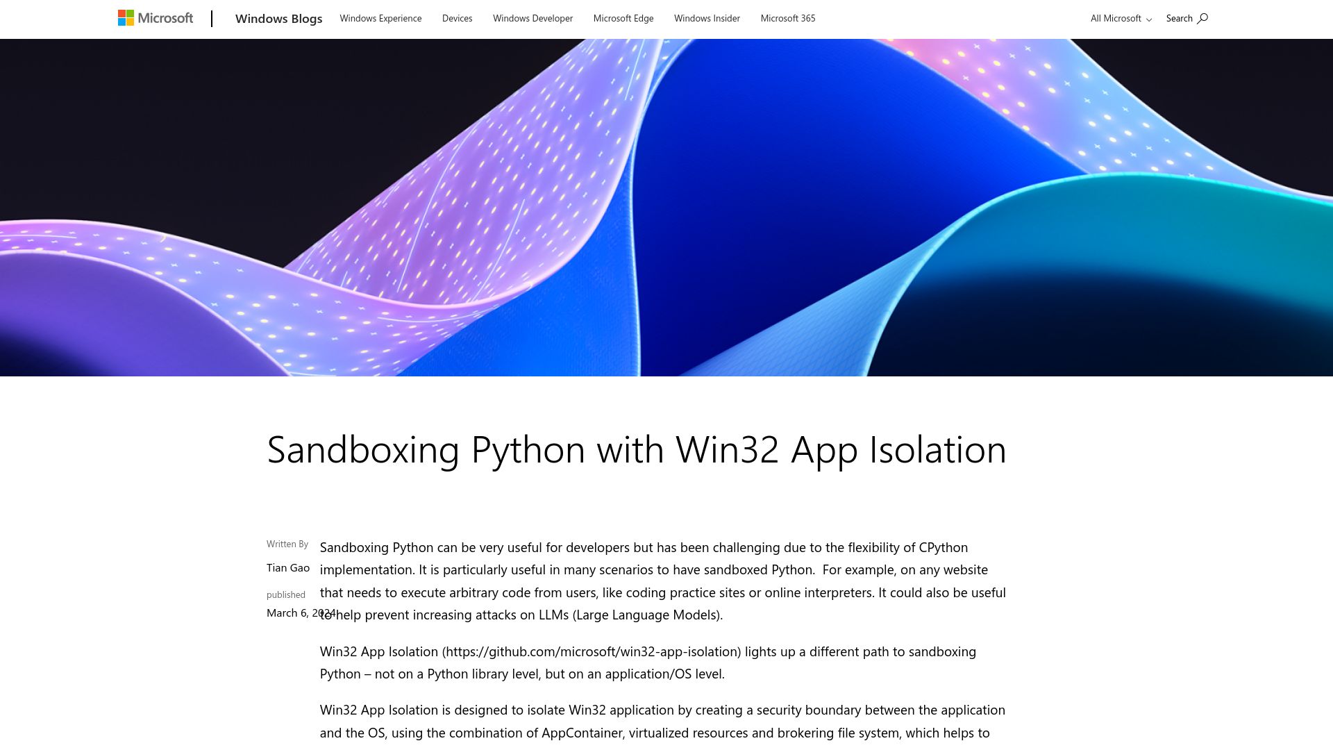 Screenshot of blogs.windows.com: Sandboxing Python with Win32 App Isolation
