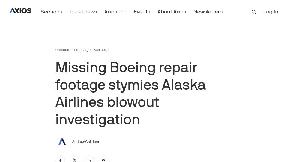 Screenshot of axios.com: Boeing overwrote security camera footage of repair work on Alaska door plug