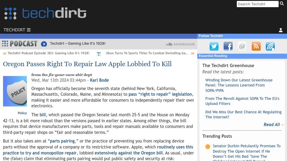 Screenshot of techdirt.com: Oregon passes right-to-repair law Apple lobbied to kill