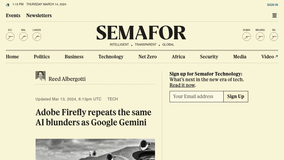 Screenshot of semafor.com: Adobe Firefly repeats the same AI blunders as Google Gemini