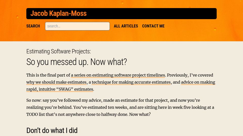 Screenshot of jacobian.org: Estimating Software Projects: So you messed up. Now what? (2021)