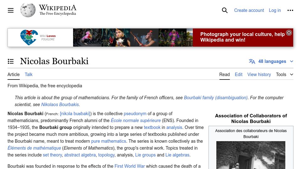 Screenshot of en.wikipedia.org: Nicolas Bourbaki