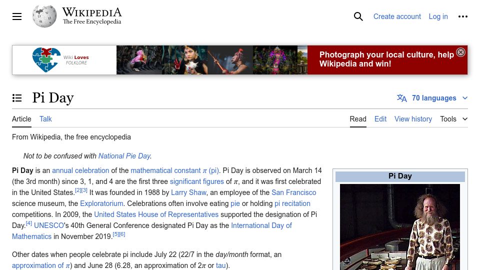 Screenshot of en.wikipedia.org: Pi Day